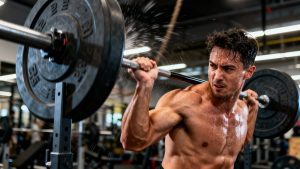 Athlete performing a rotational landmine clean and press.